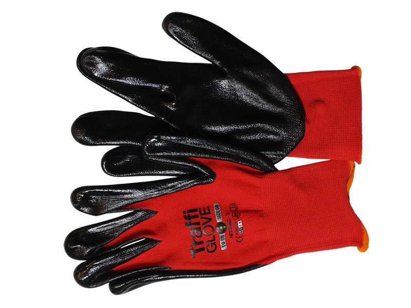 red and black traffi gloves