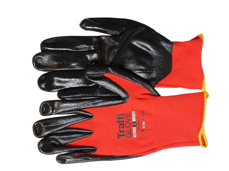 red and black gloves with yellow bottom seam